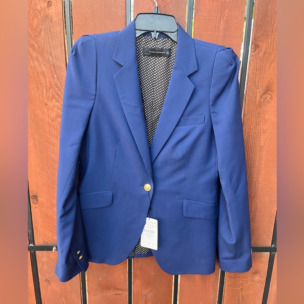 Zara Woman Blazer Jacket Career Navy Blue single button size M NWT